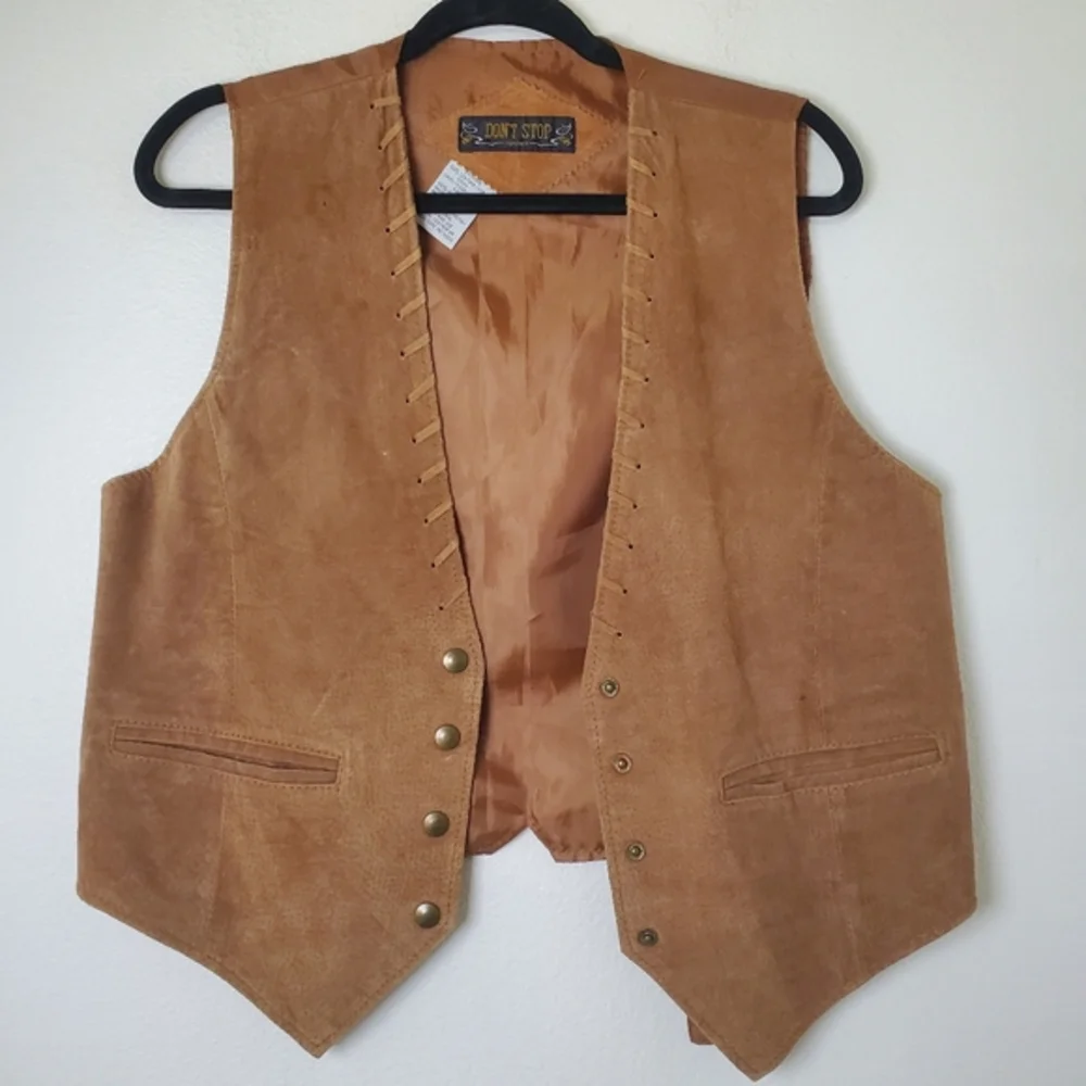 Don't Stop Men's Vintage Brown‎ Suede Leather Western Vest With Snaps & Laced Up